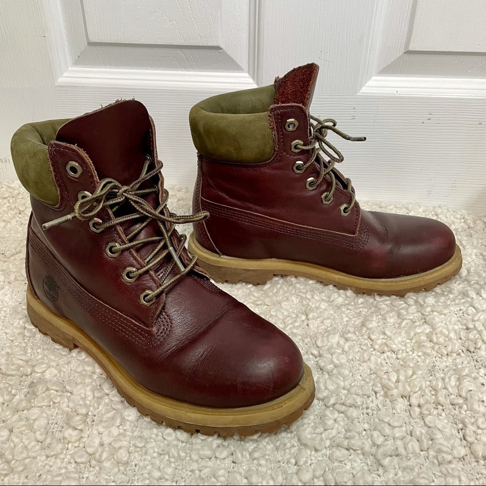TIMBERLAND Burgundy & Green Leather Lace Up Boots 8.5